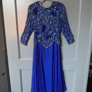 Vintage Jasdee Sequin & Chiffon Formal Dress Royal Blue Beaded Long Sleeve